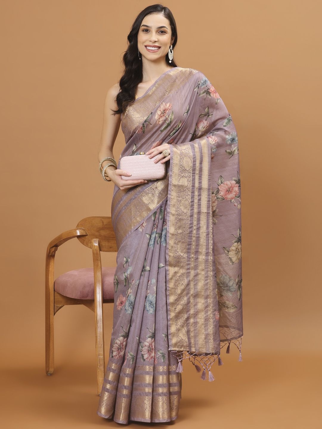 

Meena Bazaar Floral Zari Art Silk Purple Printed Handloom Saree