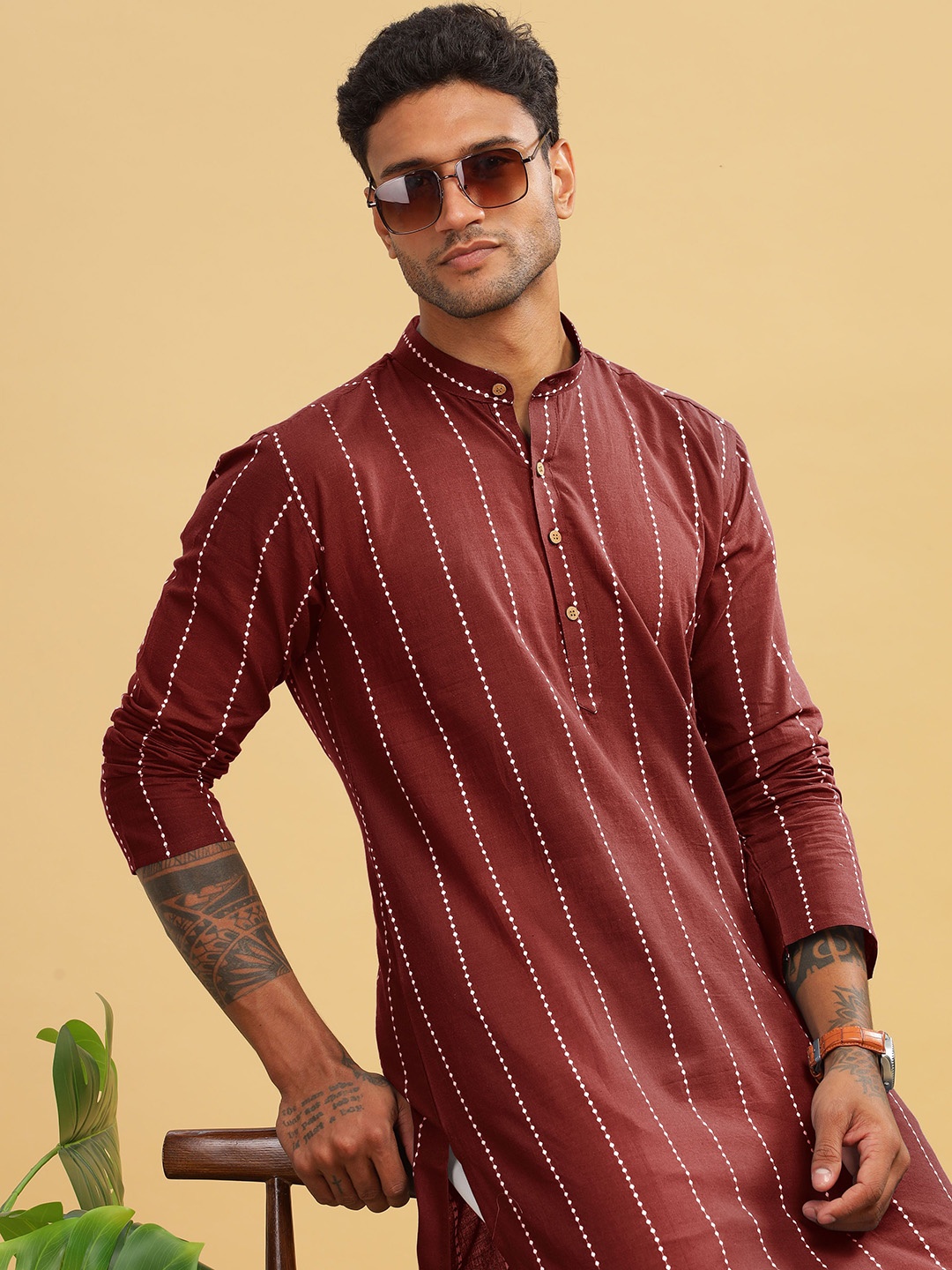 

Anouk Maroon Striped Band Collar Straight Cotton Kurta