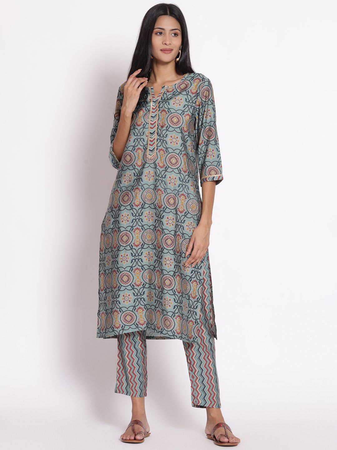 

Shree Ethnic Motifs Printed Chanderi Silk Straight Kurta & Trousers With Dupatta, Blue