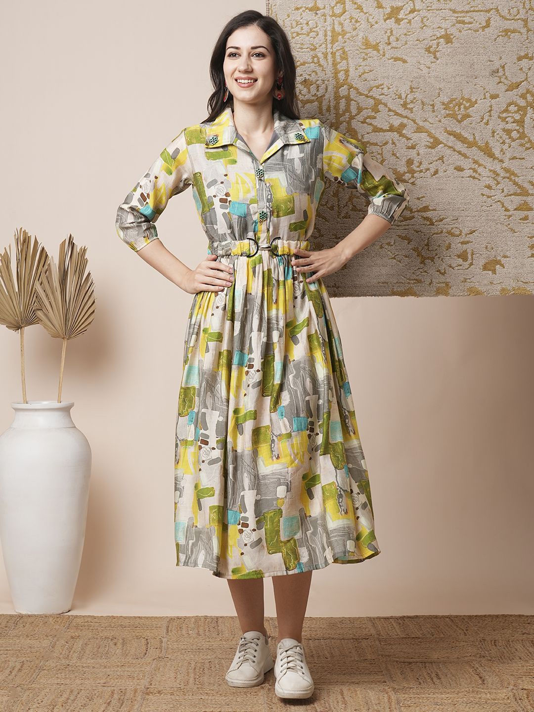

FASHOR Printed Belted A-Line Midi Dress, Green