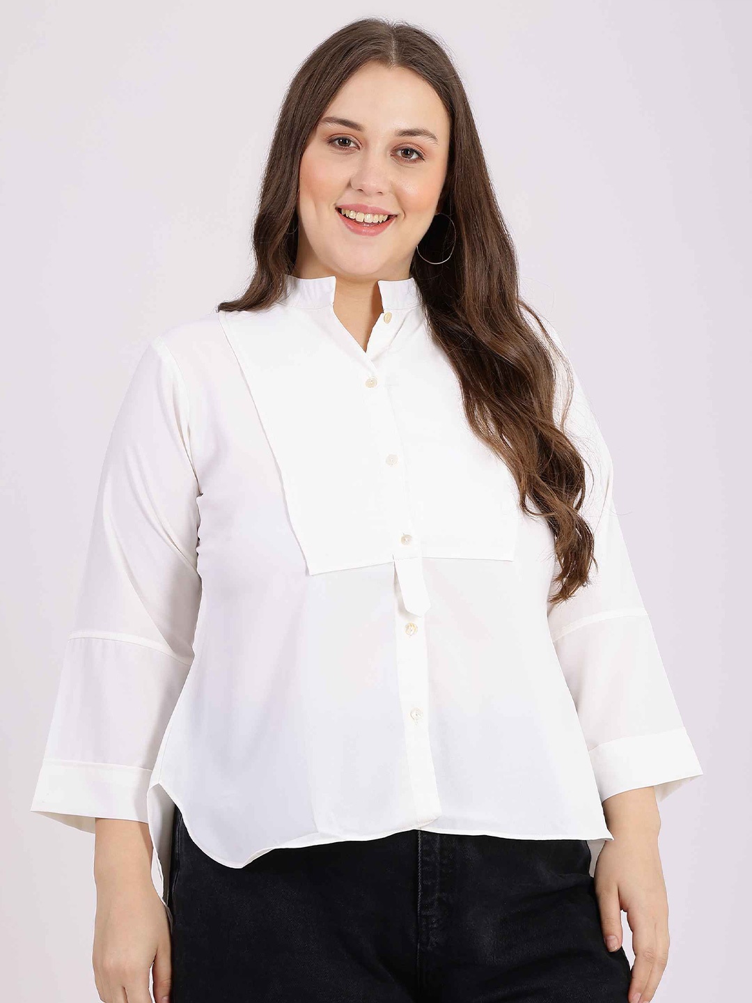 

Curvy Lane Women Solid Mandarin Collar Top, White