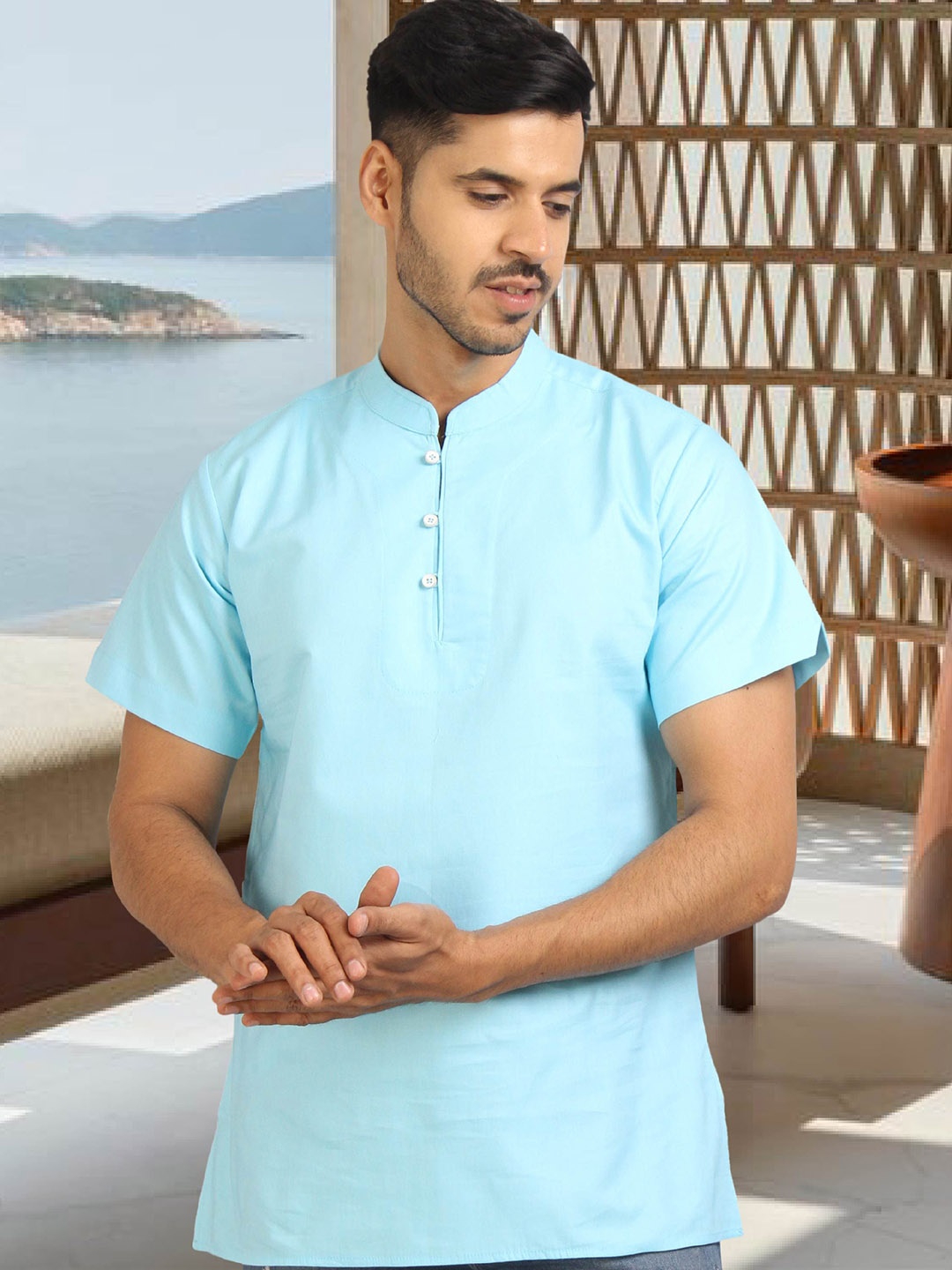 

Tesmare Mandarin Collar Pure Cotton Short Kurta, Blue