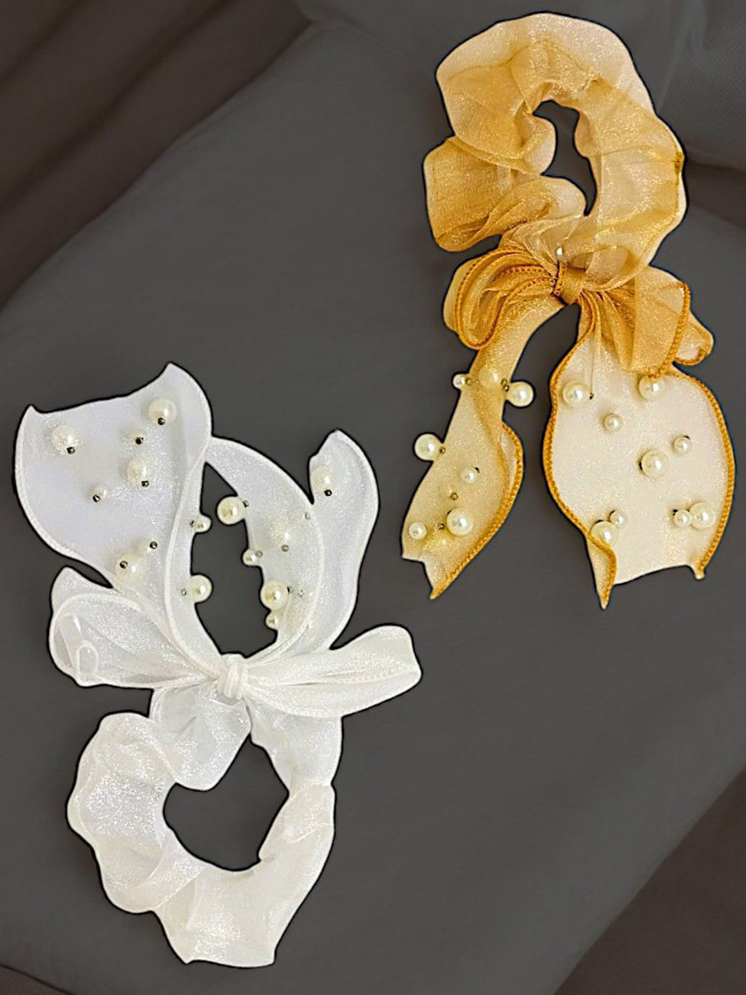 

9blings Women Set of 2 Bow Beaded Ponytail Holders, Yellow