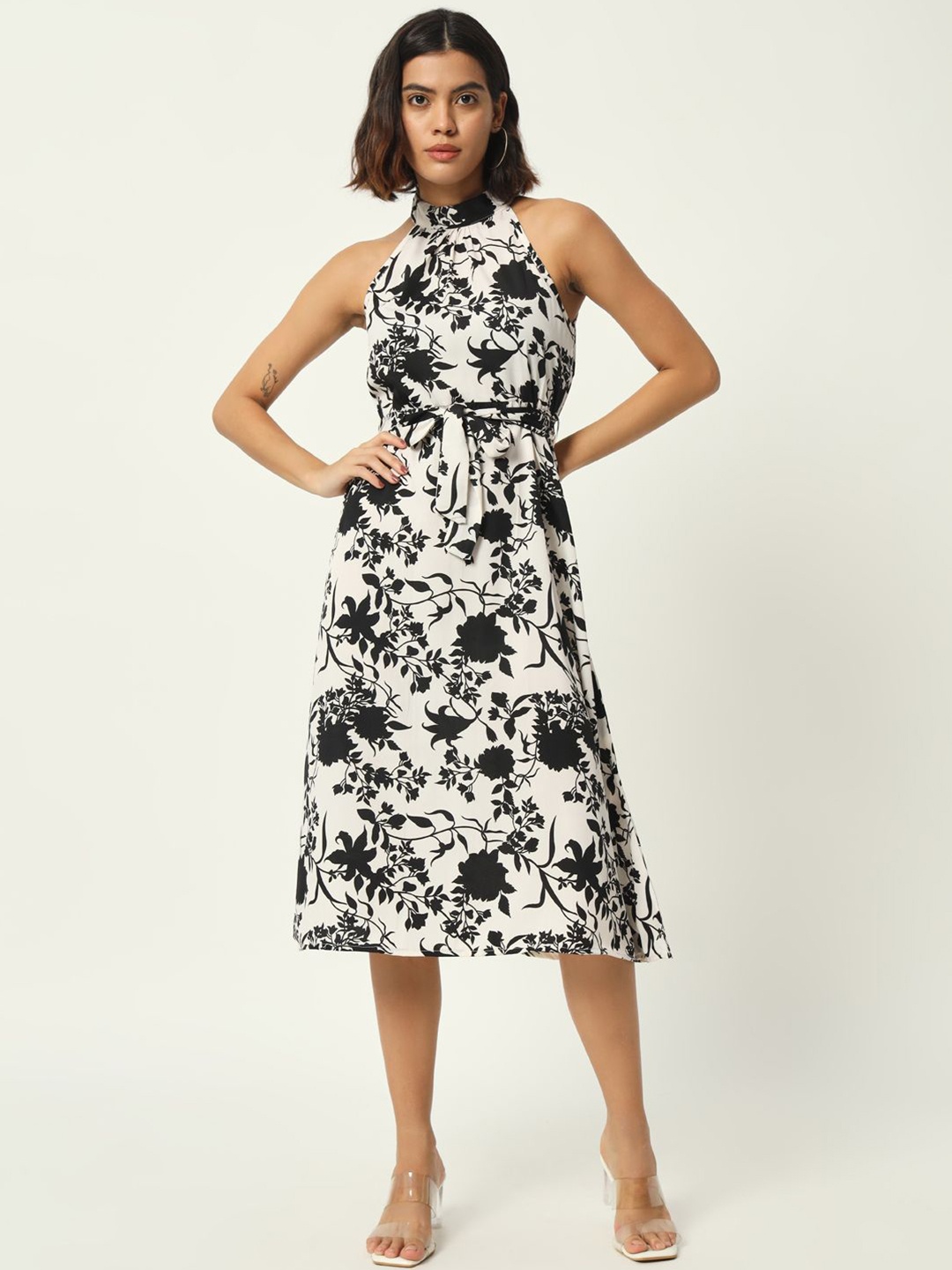 

Womenster Floral Printed A-Line Midi Dress, Black