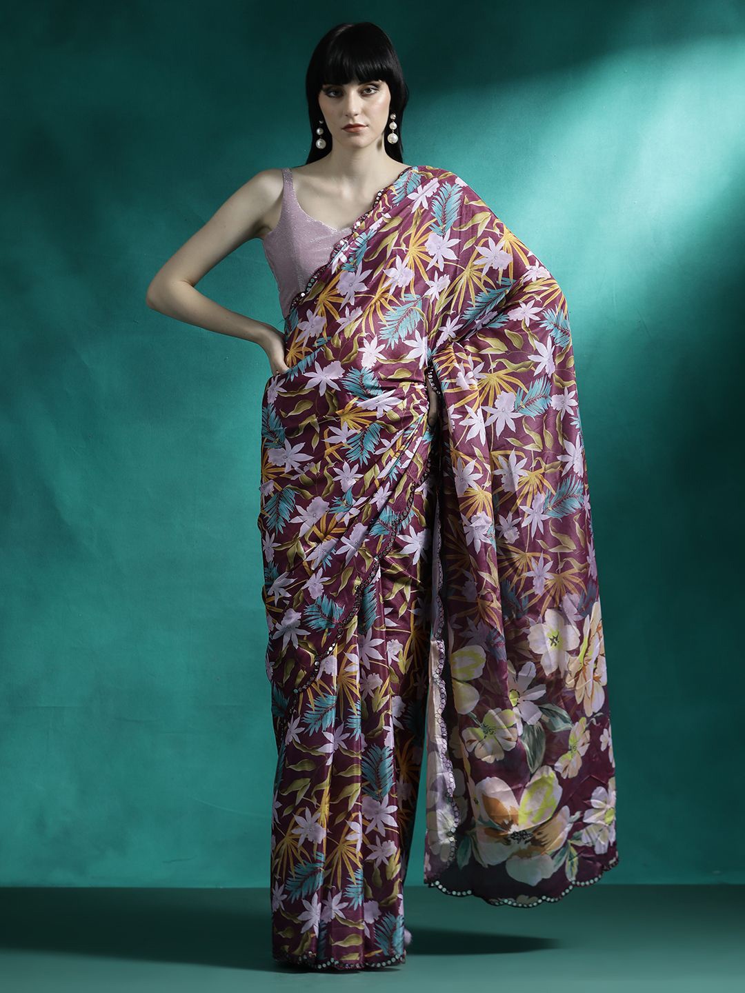 

Sangria Printed & Embroidered Saree With Blouse, Maroon