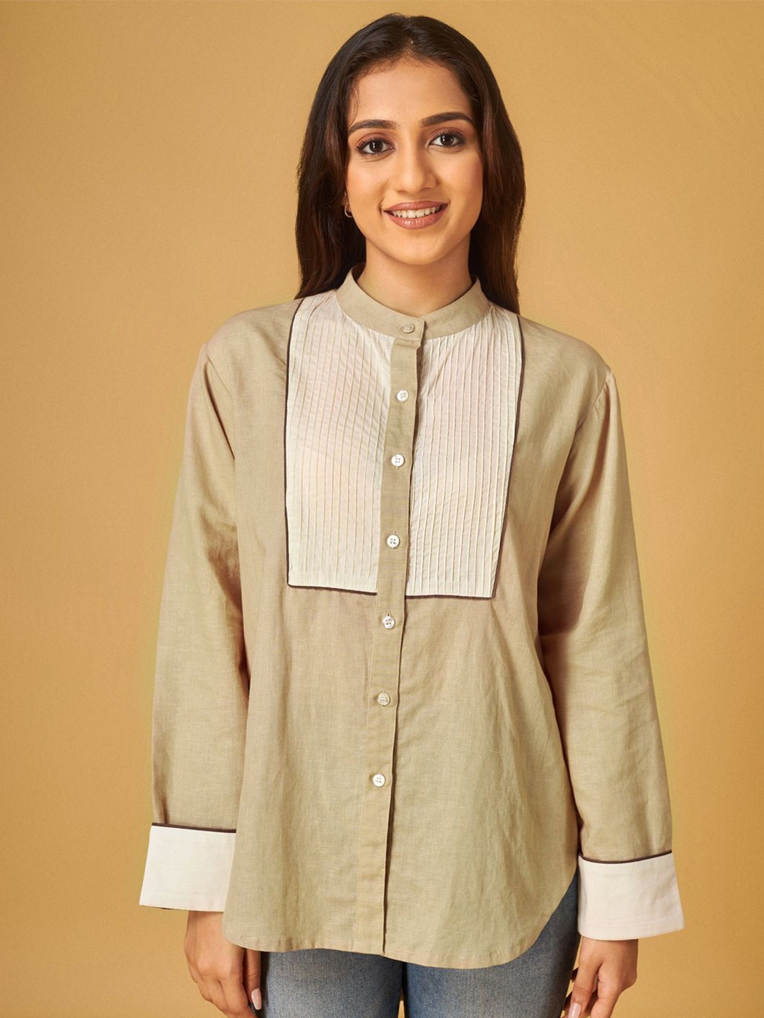 

Maisolos Women Band Collar Solid Cotton Linen Relaxed Fit Casual Shirt, Khaki