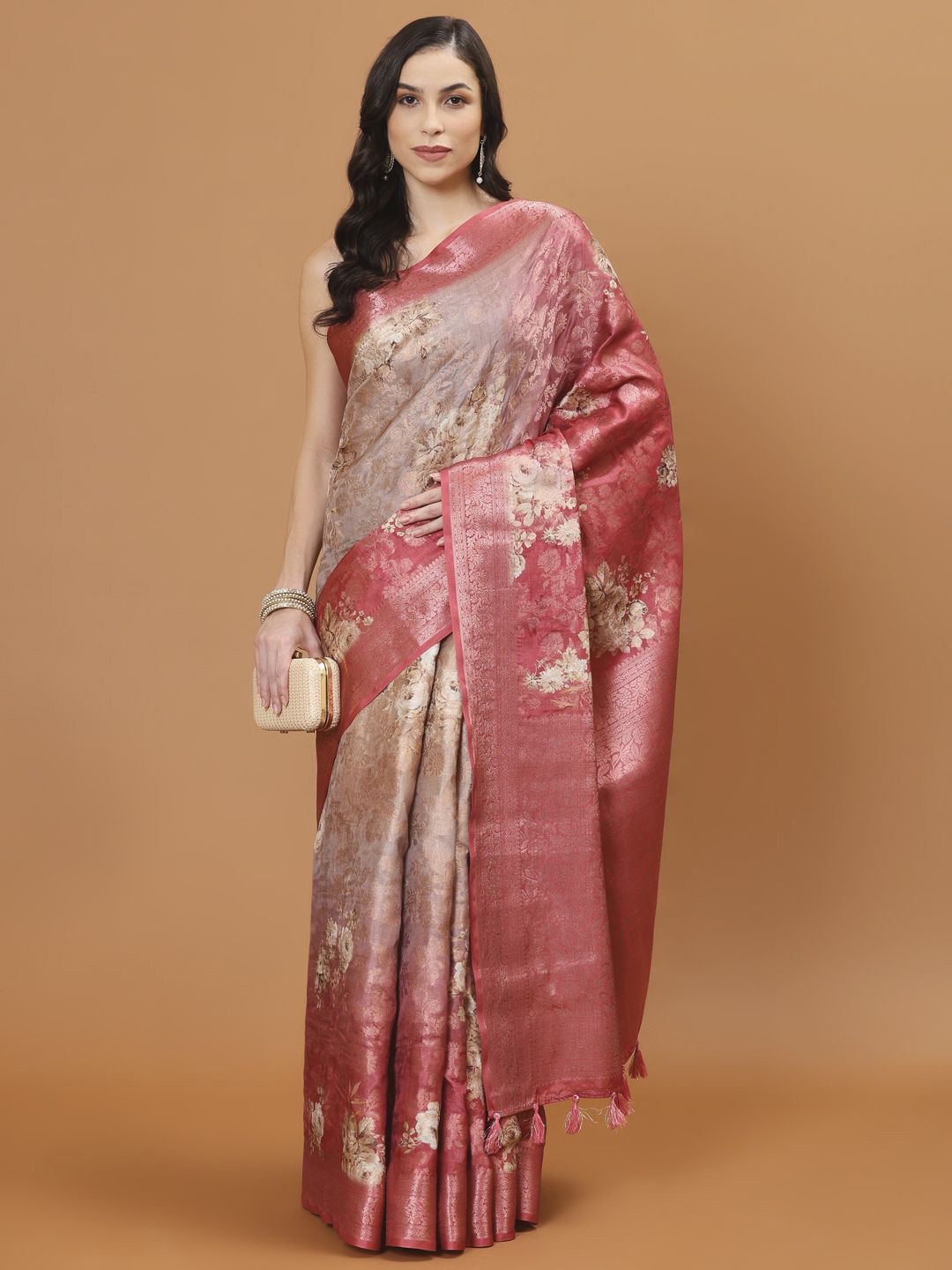 

Meena Bazaar Floral Zari Art Silk Saree, Beige