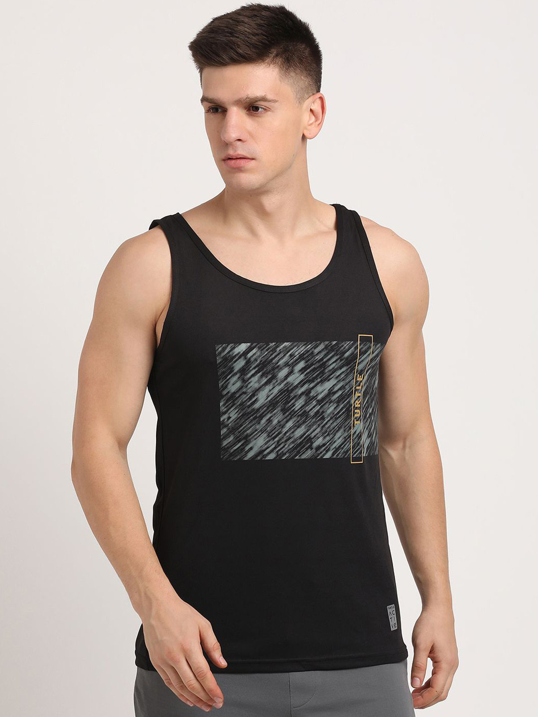 

Turtle Printed Slim Fit Tank Vests OETS-38916-1002-H-TANK, Black