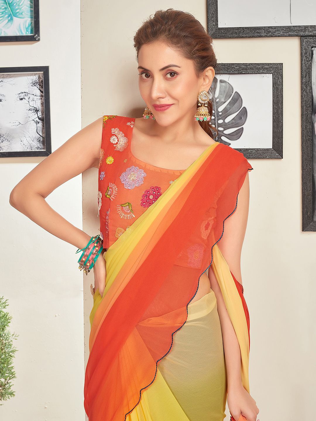

all about you Ombre Pure Georgette Saree, Yellow