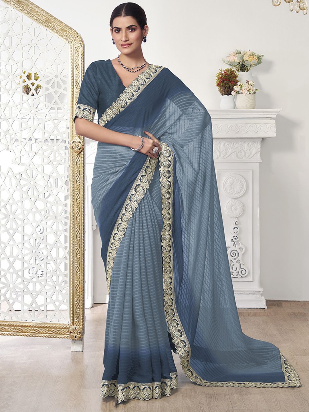 

Inddus Striped Sequinned Embroidered Saree, Grey
