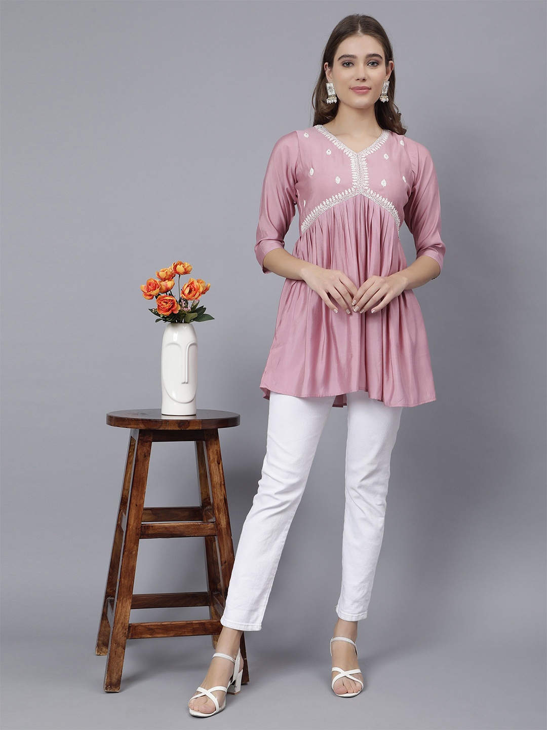 

STUNICS Floral Embroidered V-Neck Modal Empire A-Line Kurti, Pink