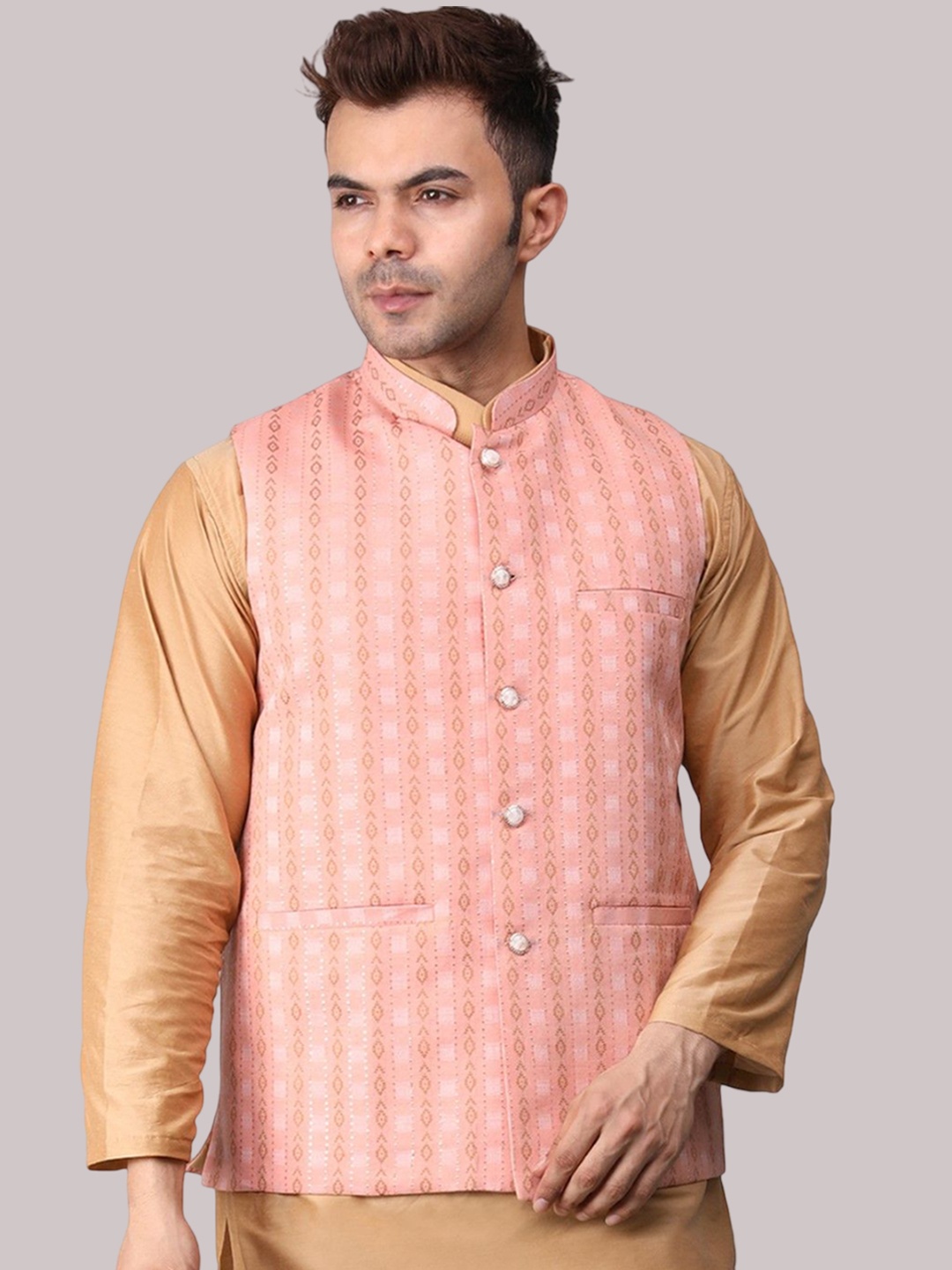 

Voniry Men Embroidered Nehru Jacket, Peach