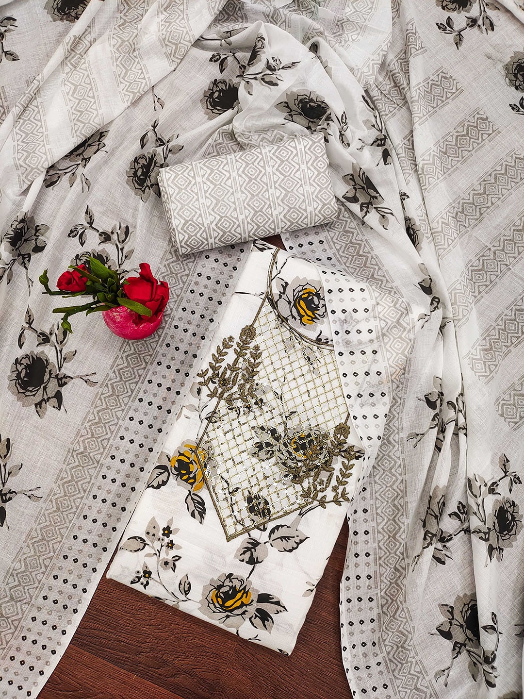 

Ishin Floral Printed Pure Cotton Unstitched Dress Material, White