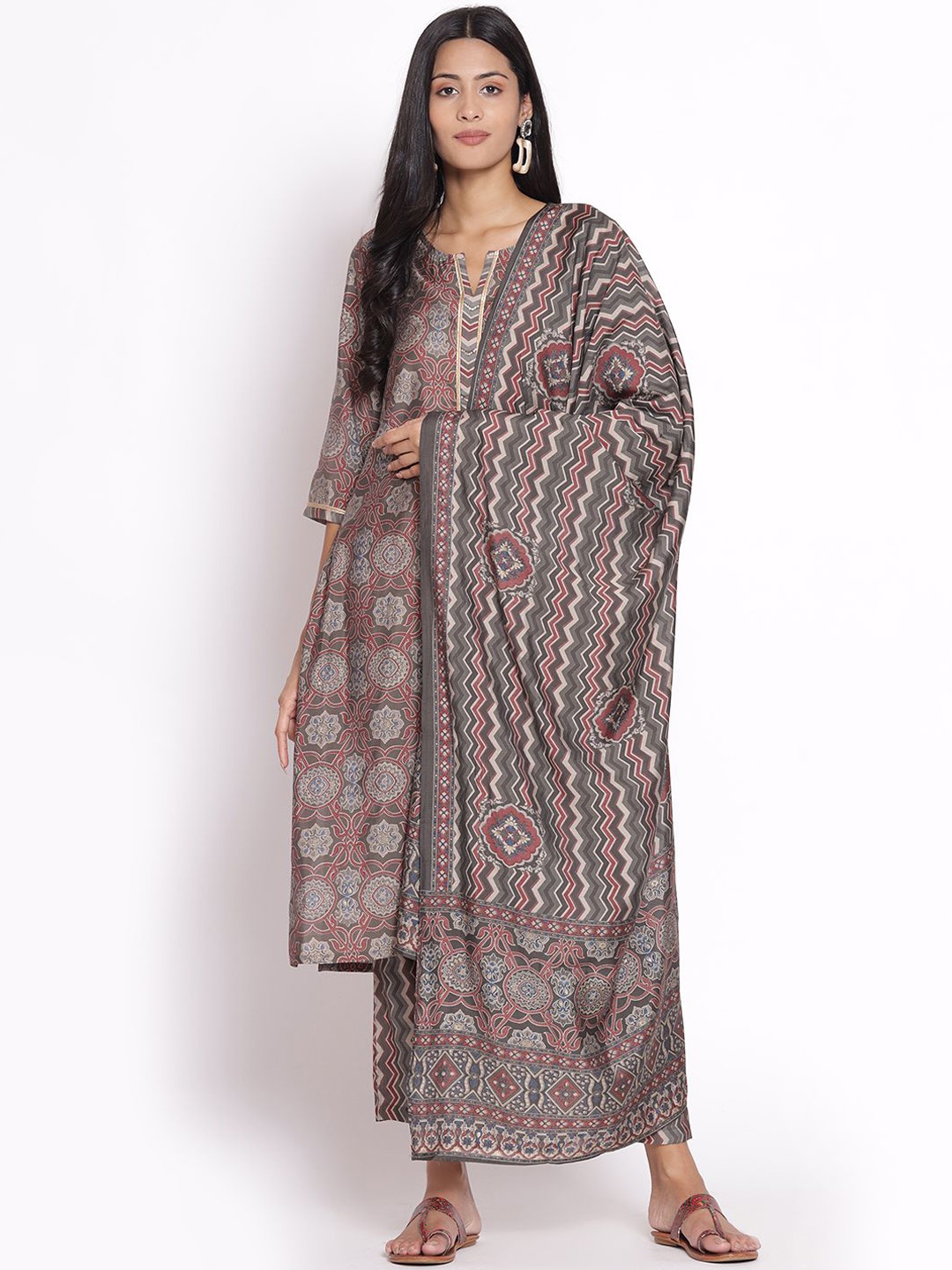 

Shree Ethnic Motifs Printed Notch Neck Straight Kurta with Trousers & Dupatta, Grey