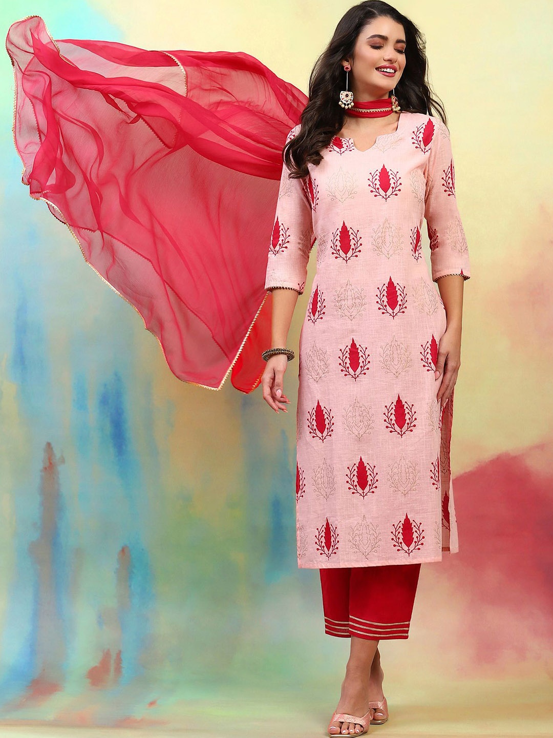 

Khushal K Floral Printed Notch Neck Pure Cotton Kurta with Palazzos & Dupatta, Pink