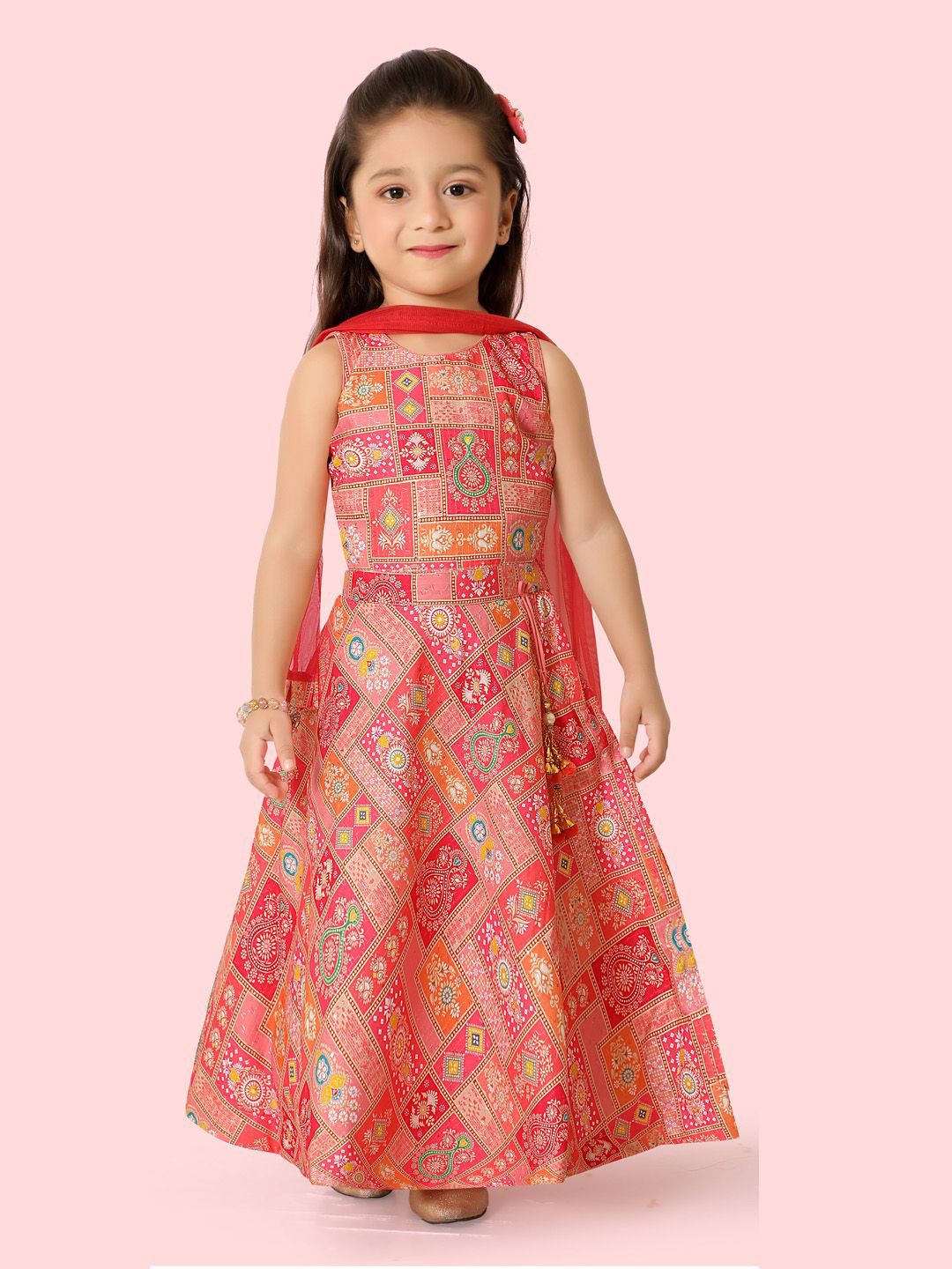 

Ethniks Neu-Ron Girls Floral Printed Cotton Satin Ready to Wear Lehenga & Blouse & Dupatta, Pink