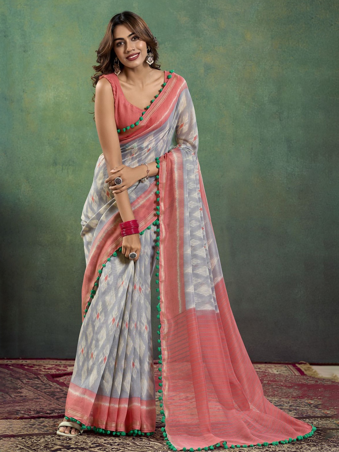 

CHUDIYA Batik Printed Pure Cotton Saree with Pumpum Lace, Grey