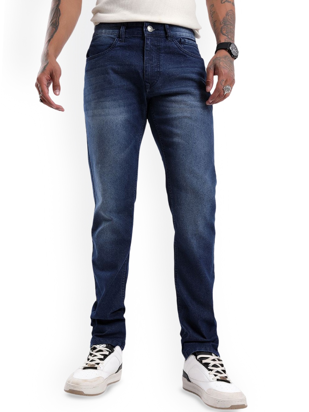 

WROGN Men Slim Fit Mildly Distressed Light Fade Jeans, Blue