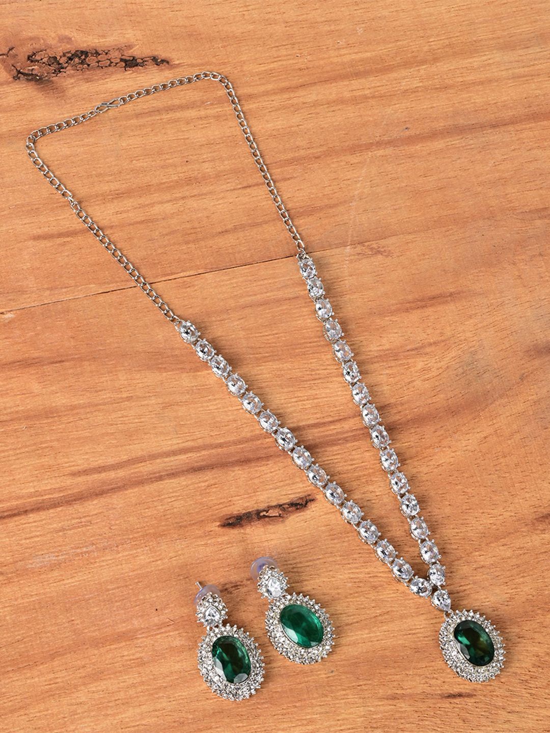 

Keviv Silver-Plated American Diamond Studded Necklace With Earrings