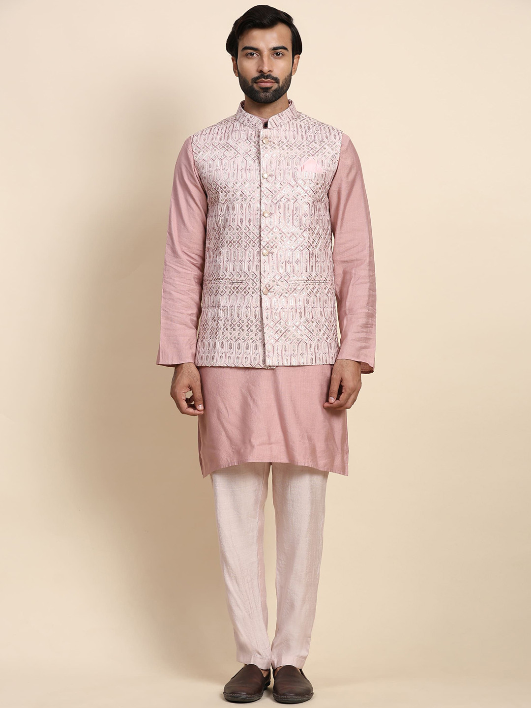 

Rawayi Embroidered Mandarin Collar Nehru Jacket, Pink