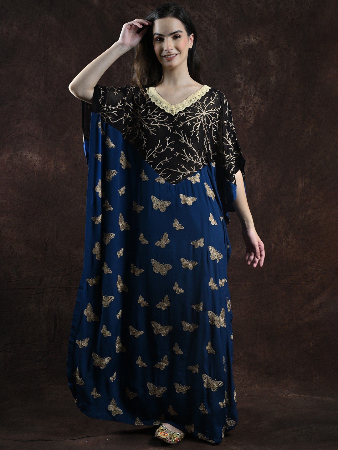 

Exotic India Set Sail Long Kaftan with Aari Embroidered Butterflies, Blue