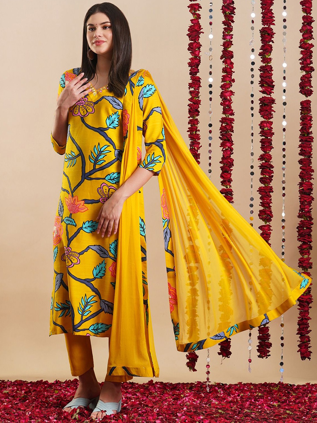 

Anni Designer Floral Printed V-Neck Regular Viscose Rayon Kurta & Trousers With Dupatta, Yellow