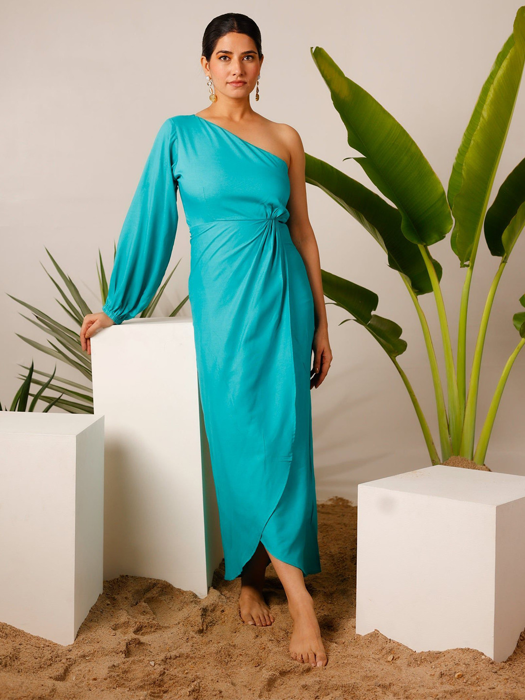 

MOONSTRUCK One Shoulder Wrap Maxi Dress, Green