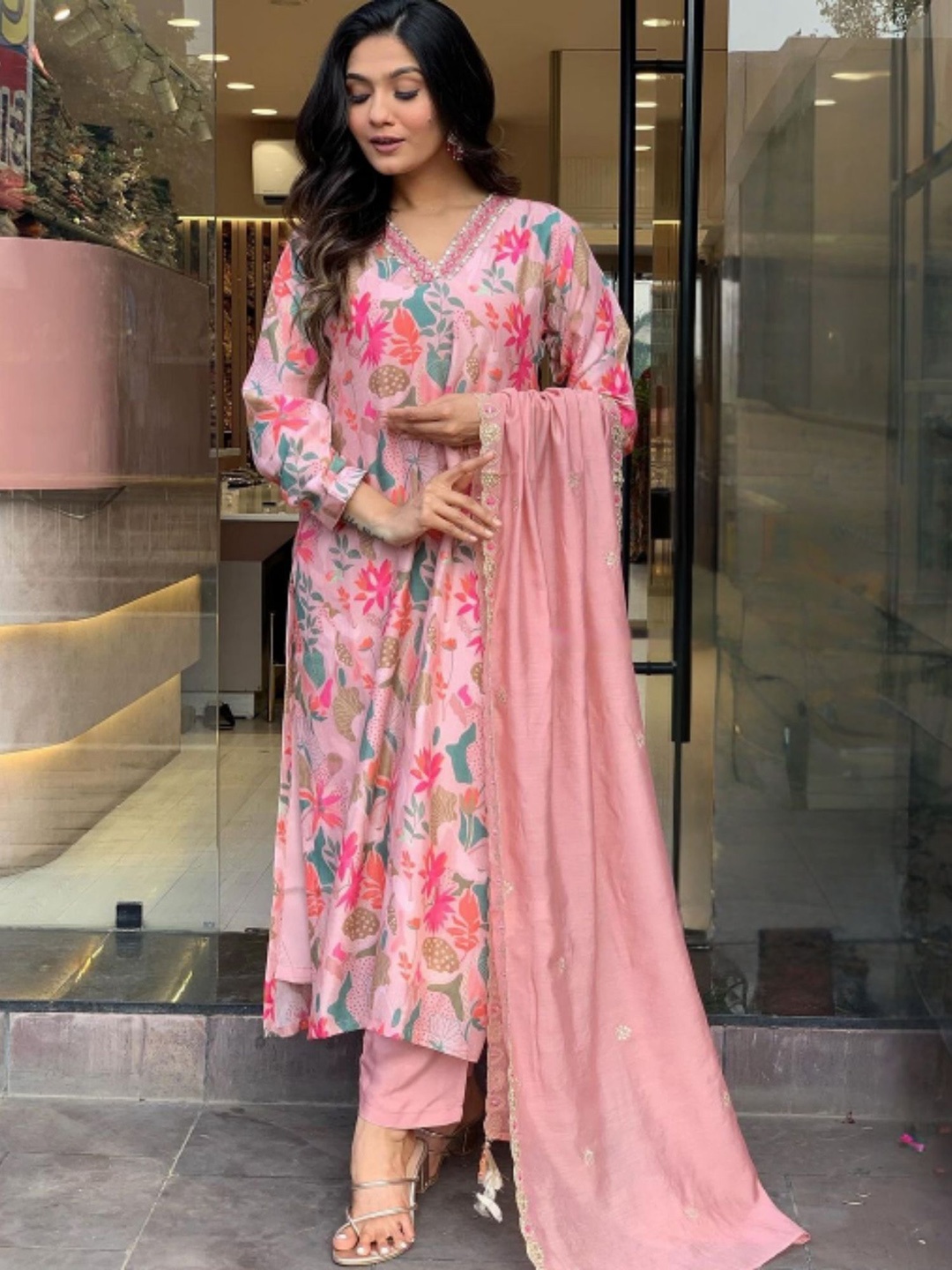 

KALINI Floral Printed Angrakha Kurta With Trousers & With Dupatta, Pink