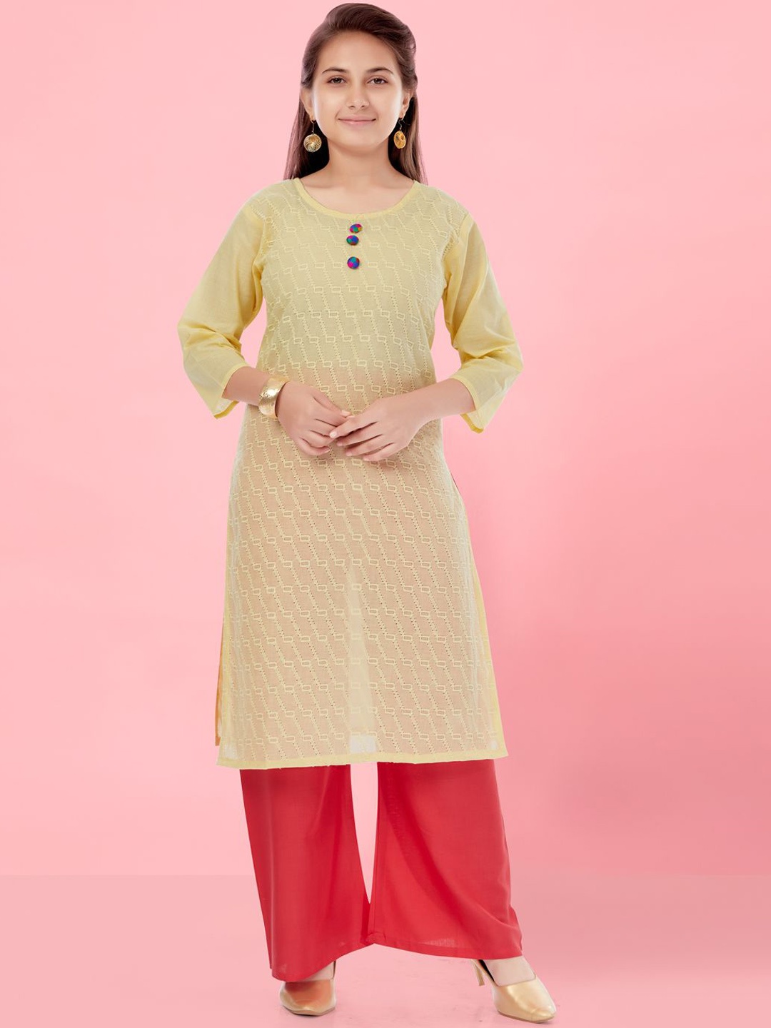 

BAESD Girls Geometric Embroidered Cotton Straight Kurta, Green