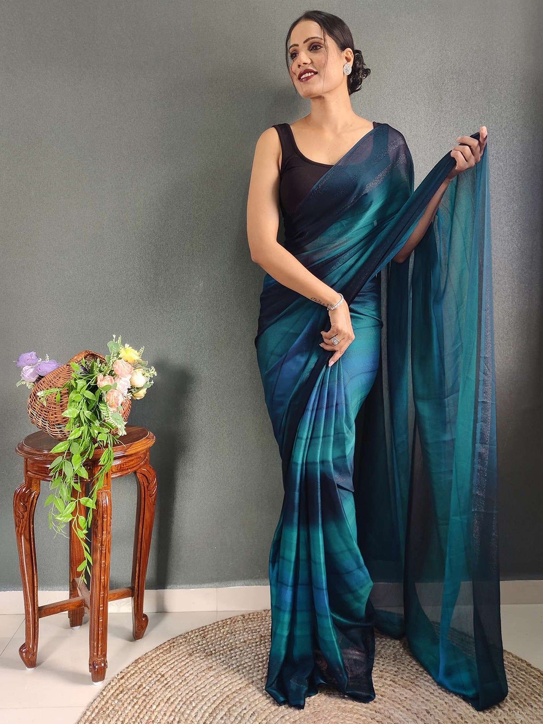 

Sidhidata Striped Poly Georgette Ready to Wear Saree, Teal