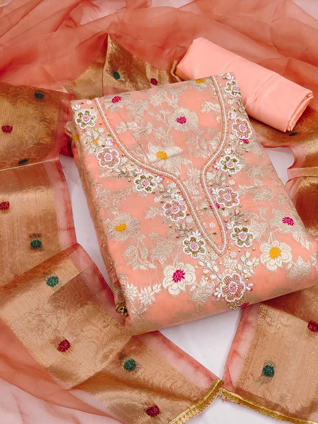 

ASISA Embroidered Beads & Stones Unstitched Dress Material, Peach