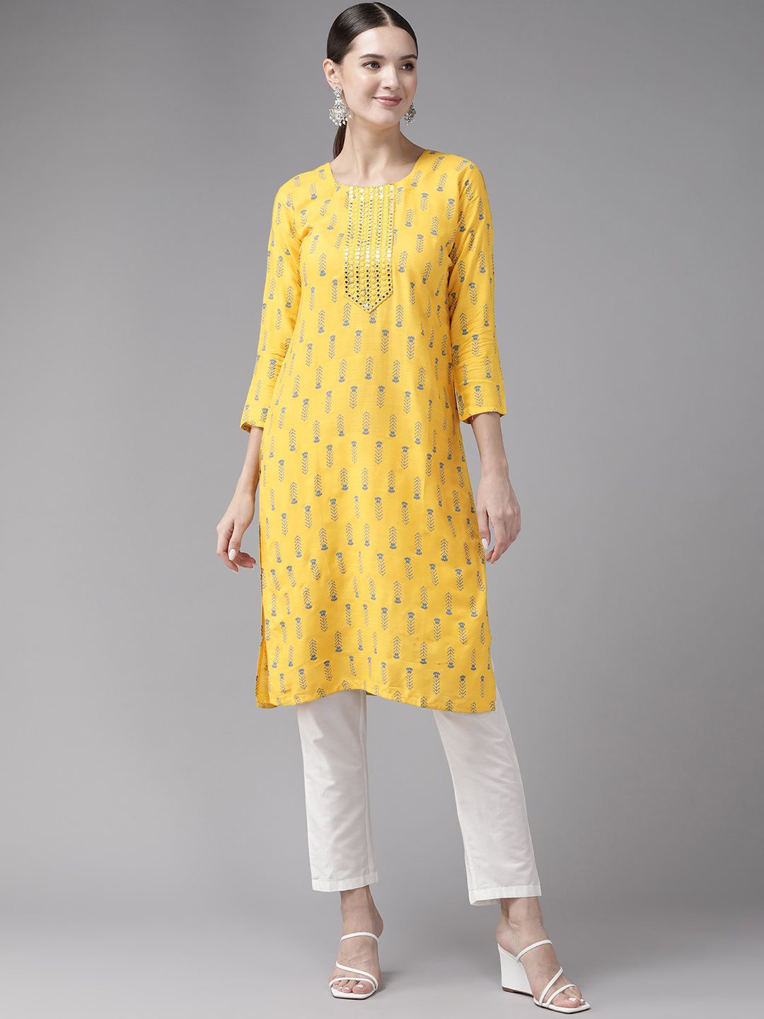 

BAESD Floral Printed Mirror Work Straight Kurta, Yellow