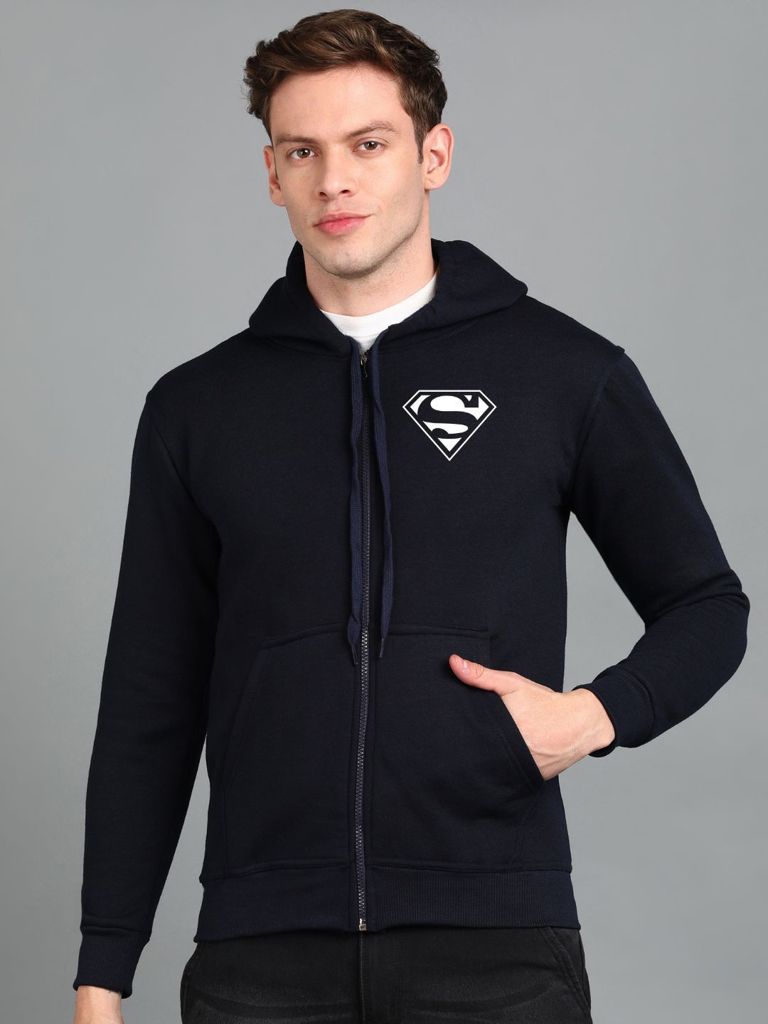 

FALTU.CO Men Graphic Superman Printed Hooded Ribbed Cotton Sweatshirt, Navy blue