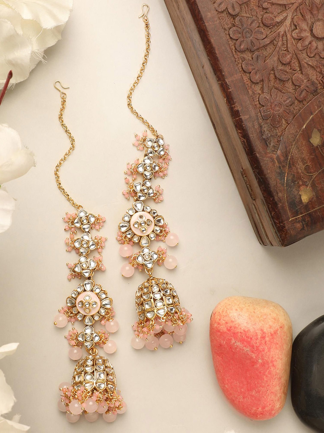 

ANIKAS CREATION Gold-Plated Kundan Contemporary Jhumkas, Peach