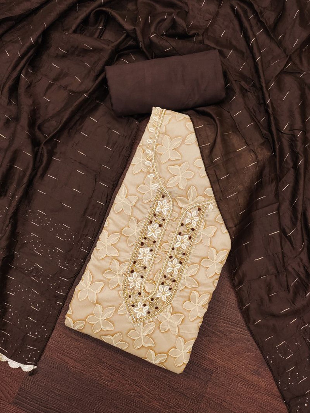 

ASISA Ethnic Motifs Embroidered Beads and Stones Unstitched Dress Material, Brown
