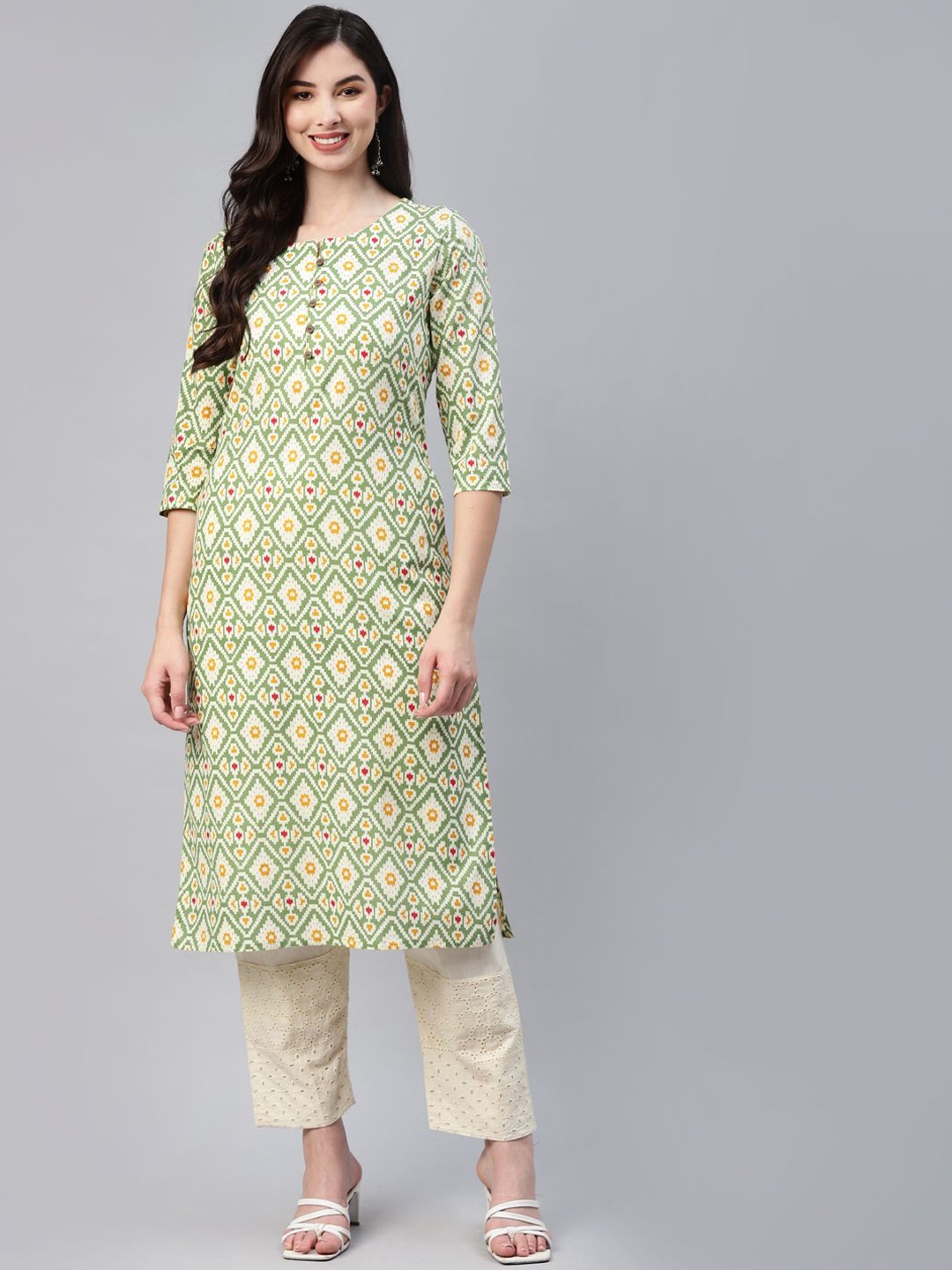 

BAESD Geometric Printed Round Neck Cotton Straight Kurta, Green