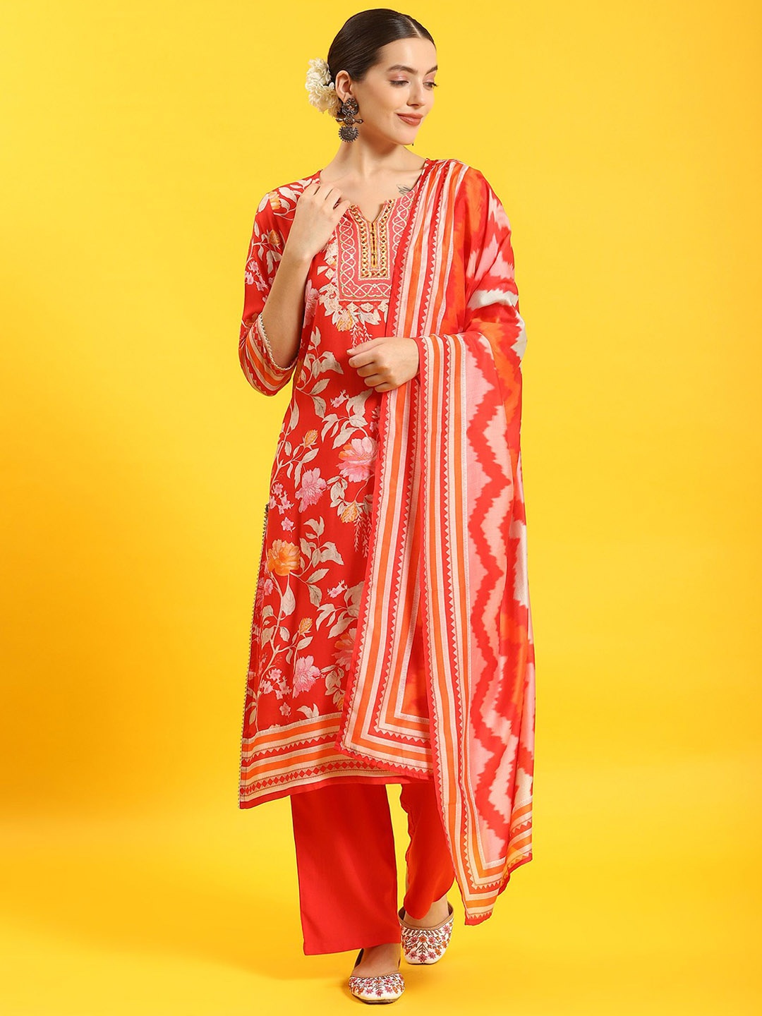 

Shree Floral Printed Notch Neck Straight Kurta With Palazzos & Dupatta, Red