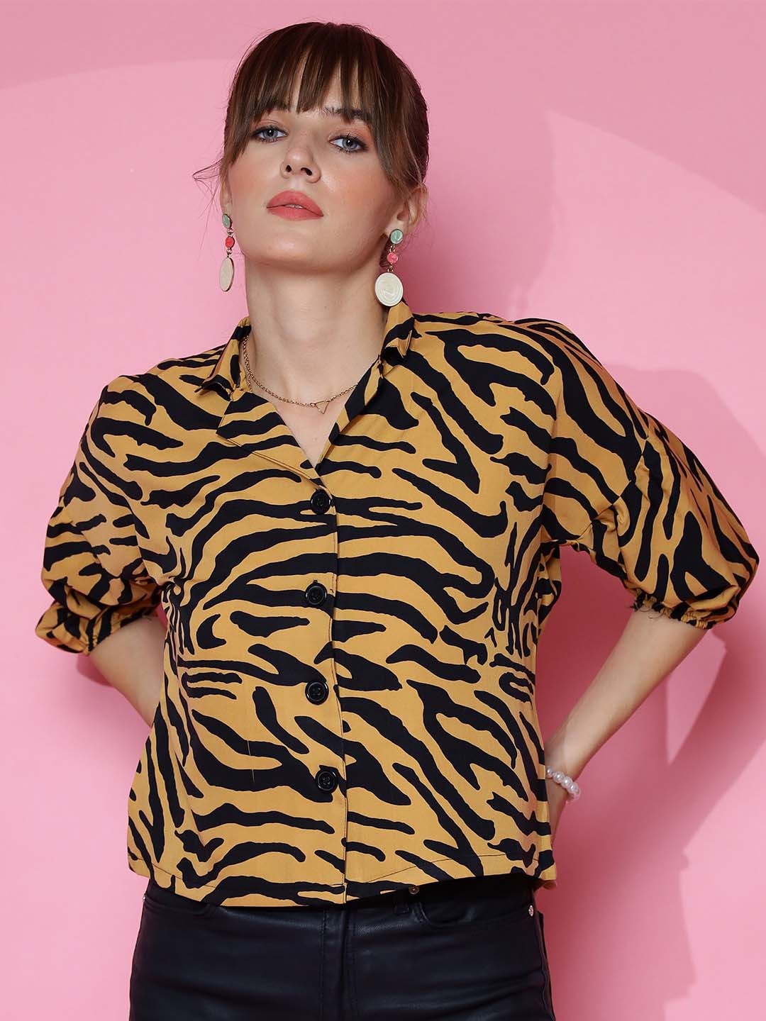 

SHEETAL Associates Women Standard Cuban Collar Animal Printed Casual Shirt, Brown