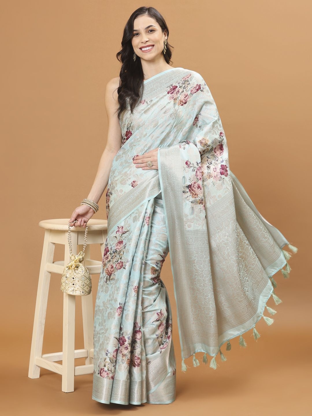 

Meena Bazaar Floral Woven Design Zari Saree, Sea green
