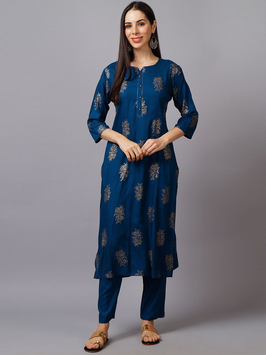 

Shree Floral Printed Notch Neck Liva Straight Kurta with Trousers, Blue