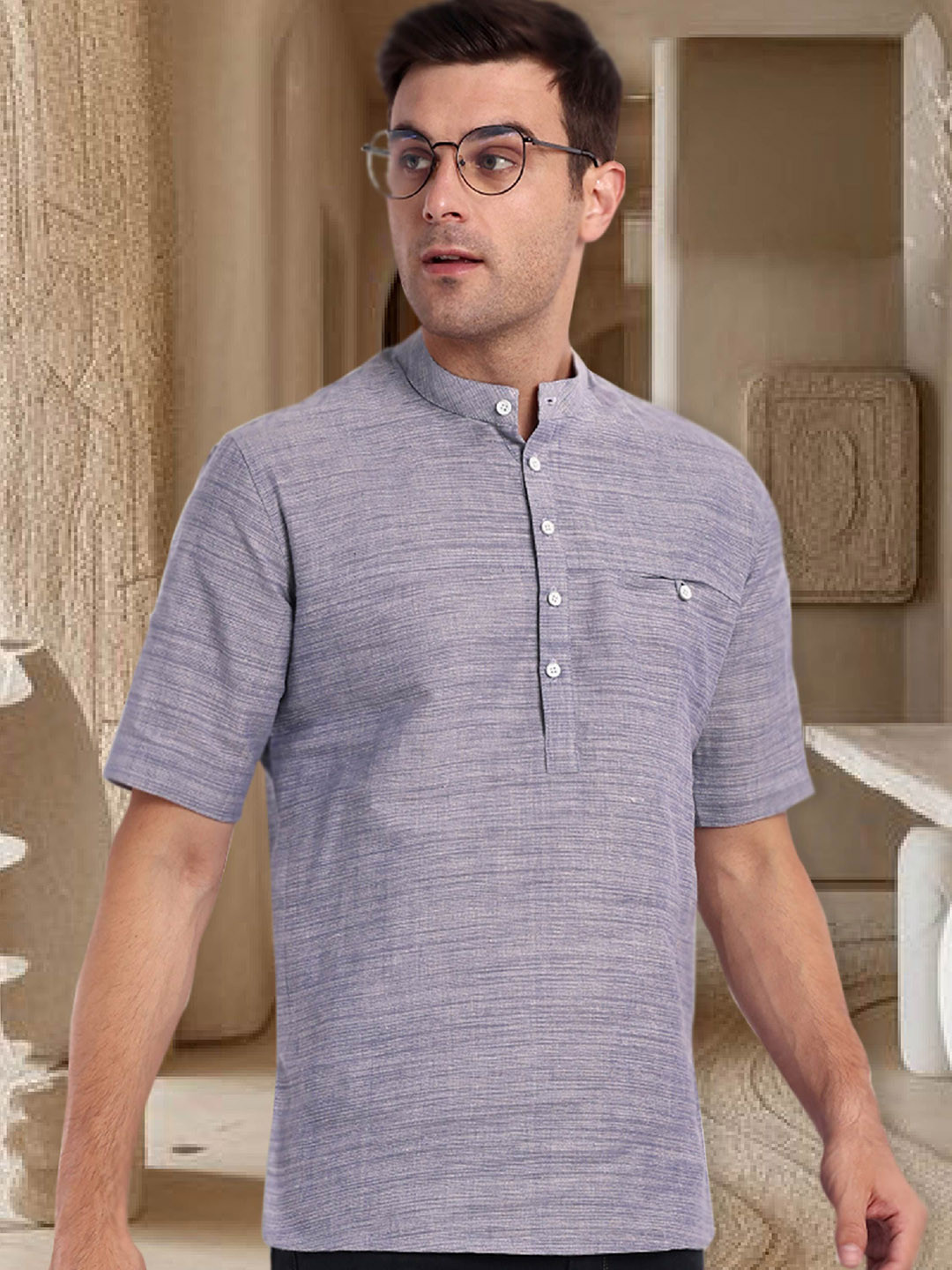 

Tesmare Woven Design Band Collar Short Sleeves Pure Cotton Straight Kurta, Purple
