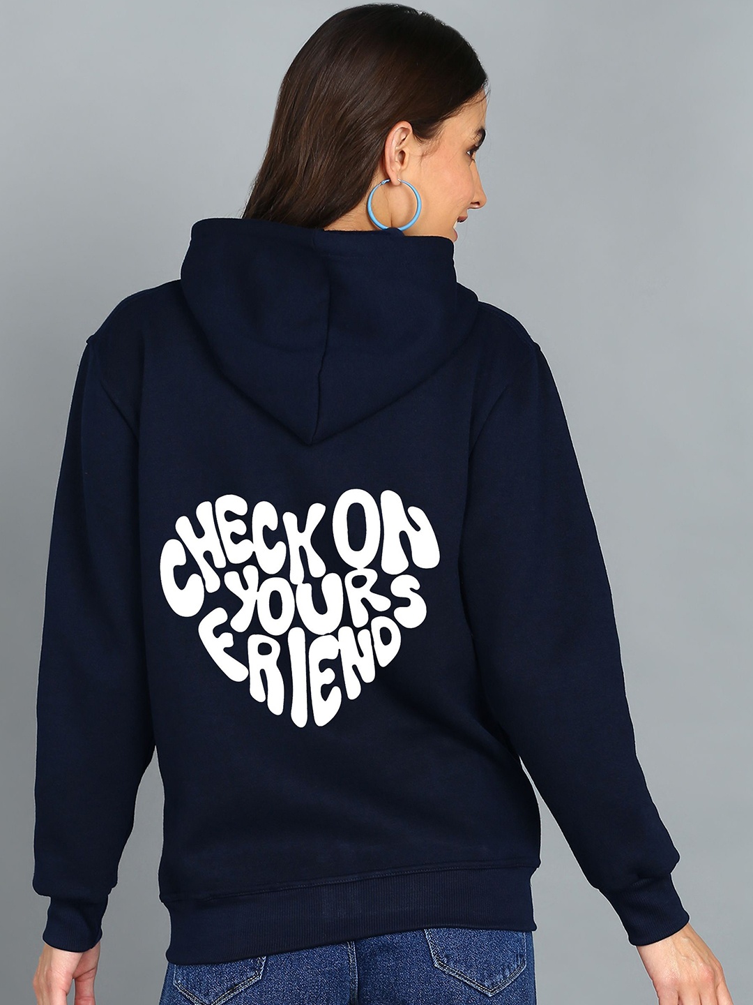 

FALTU.CO Women Typography Printed Hooded Ribbed Cotton Sweatshirt, Navy blue