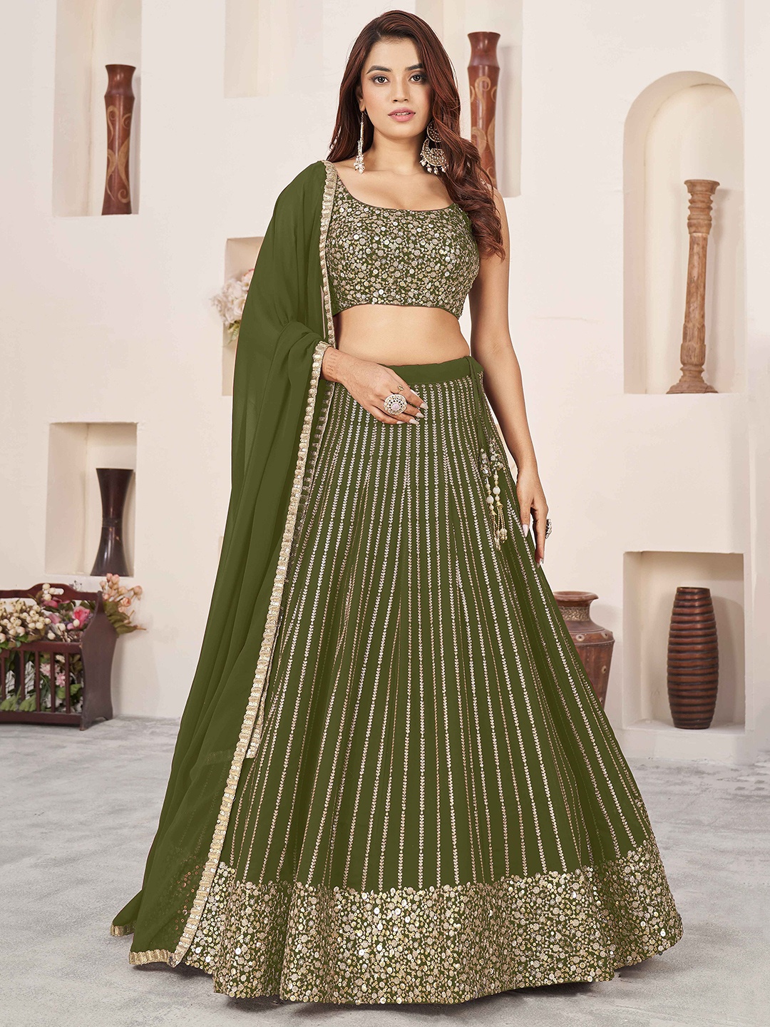 

FABPIXEL Embroidered Sequinned Semi-Stitched Lehenga & Unstitched Blouse With Dupatta, Olive