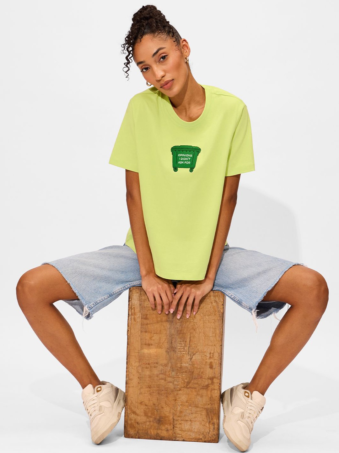 

The Souled Store Women Typography Printed Round Neck Cotton Oversized T-shirt, Lime green