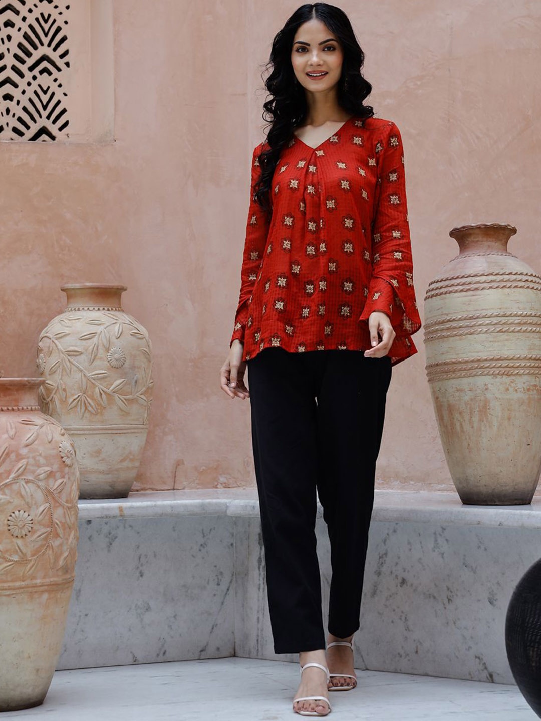 

RangDeep Printed Top With Trousers Co-Ords, Rust