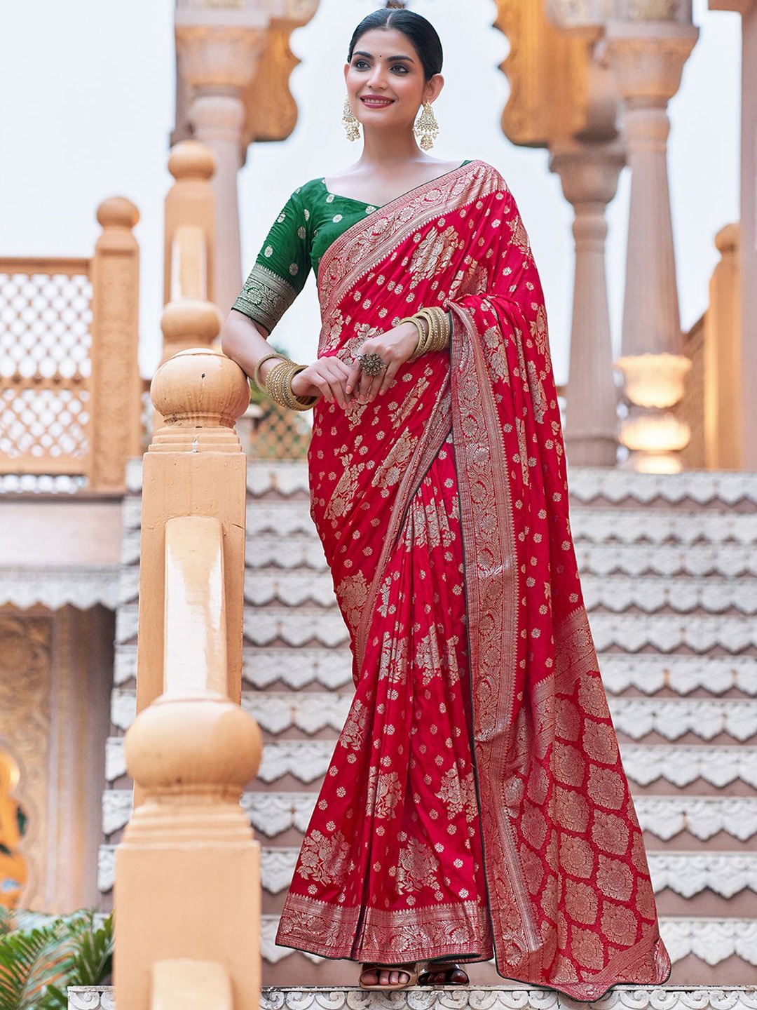 

Satrani Woven Design Zari Pure Silk Kanjeevaram Saree, Red