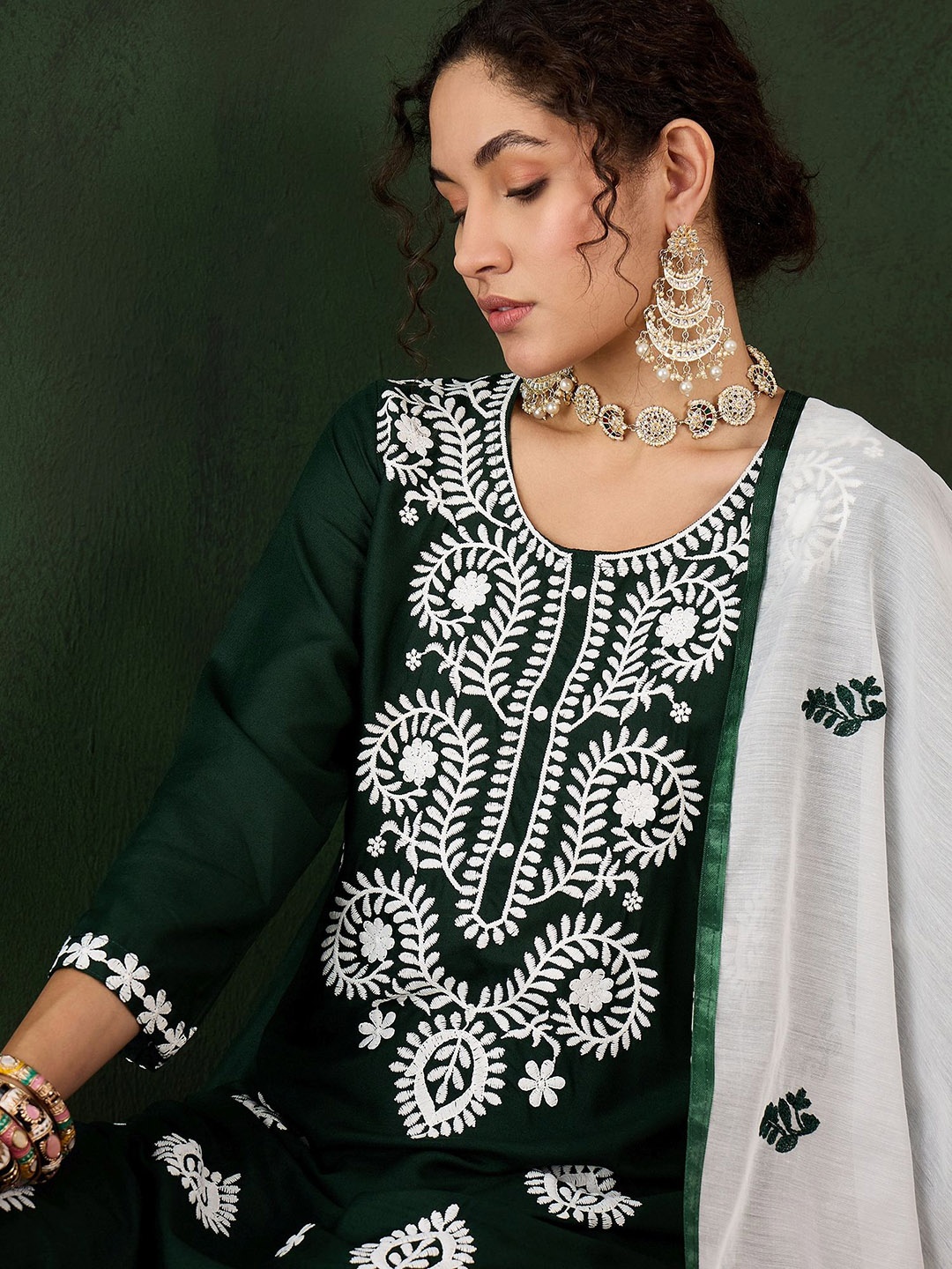 

Sangria Floral Embroidered Thread Work Pure Cotton Kurta with Trousers & Dupatta, Green