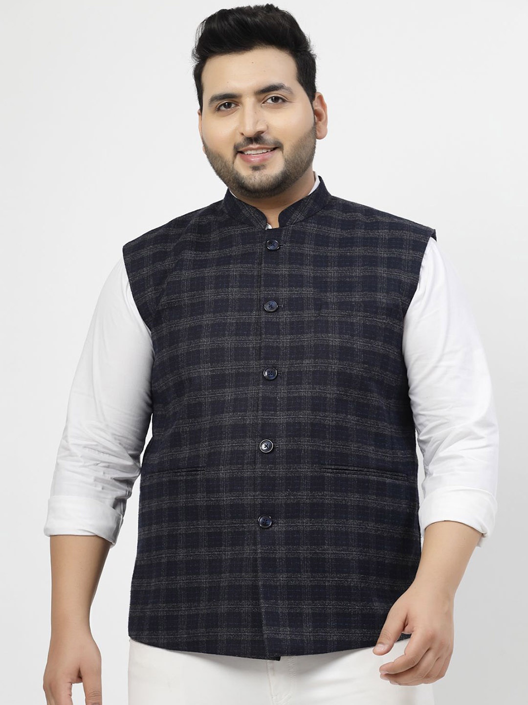 

plusS Printed Woven Nehru Jacket, Navy blue