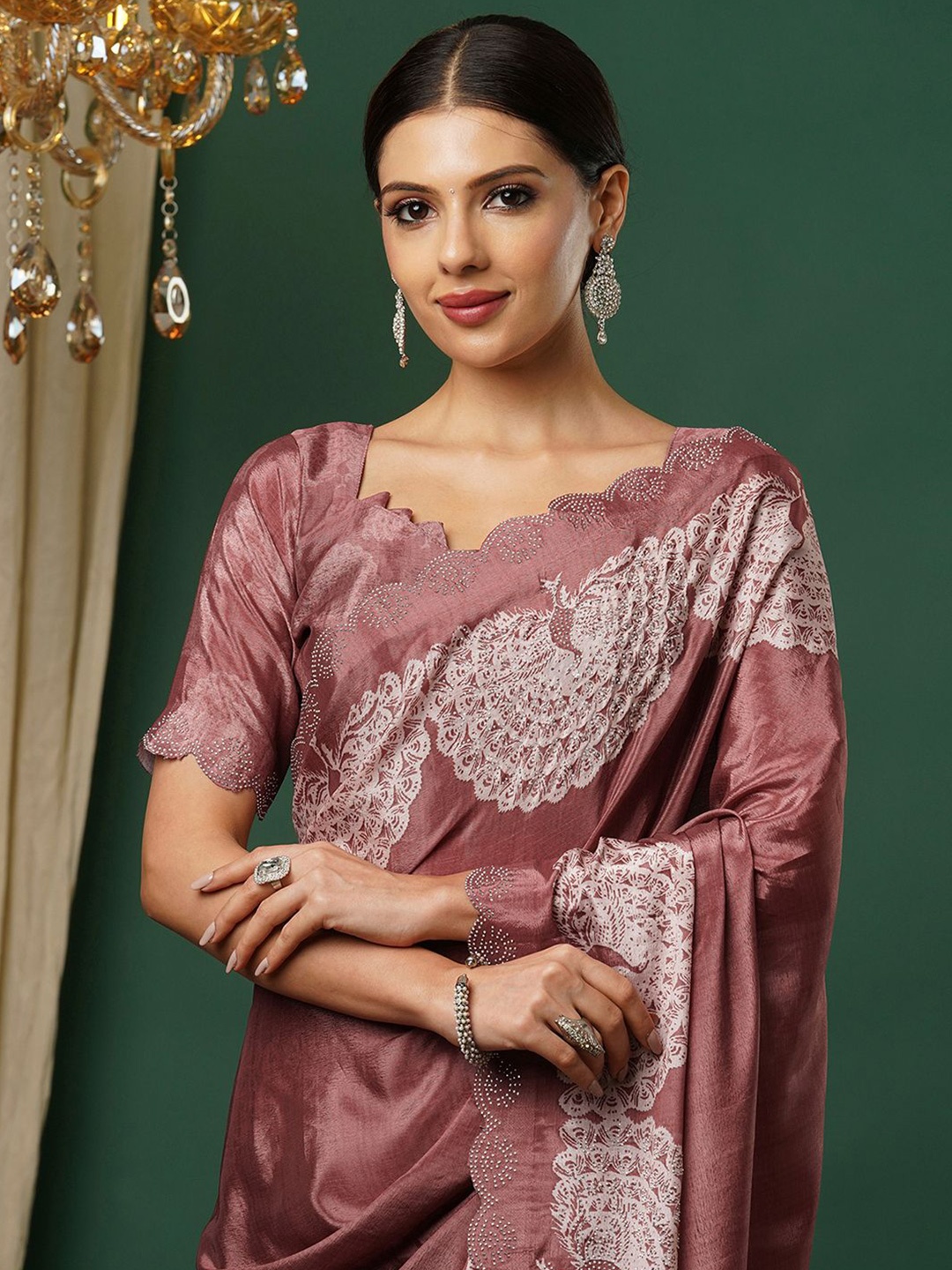 

Satrani Ethnic Motifs Beads and Stones Pure Silk Saree, Rust