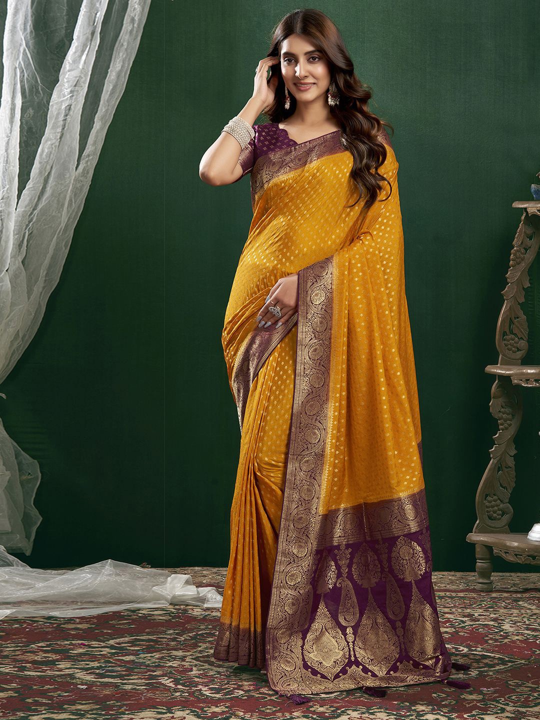 

Satrani Woven Design Zari Pure Georgette Banarasi Saree, Yellow